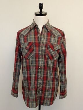 Pendleton Frontier Pearl Snap Plaid Western Shirt Red Gray Size Medium